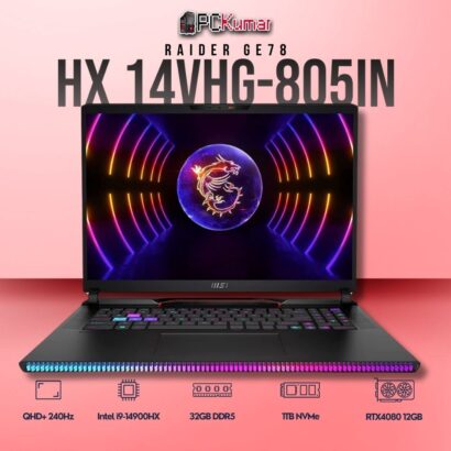 MSI Raider GE68 HX 14VHG-460IN laptop with i9-14900HX, RTX 4080, 32GB RAM, 1TB storage, and a 16-inch QHD+ 240Hz display.