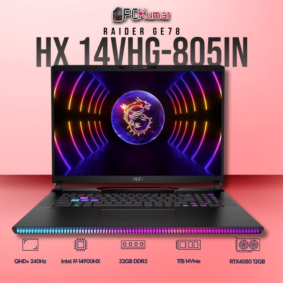 MSI Raider GE68 HX 14VHG-460IN laptop with i9-14900HX, RTX 4080, 32GB RAM, 1TB storage, and a 16-inch QHD+ 240Hz display.