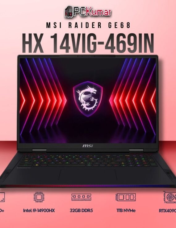 MSI Raider GE68 HX 14VIG-469IN laptop with i9-14900HX, RTX 4090, 32GB RAM, 1TB storage, and a 16-inch UHD+ mini LED display.