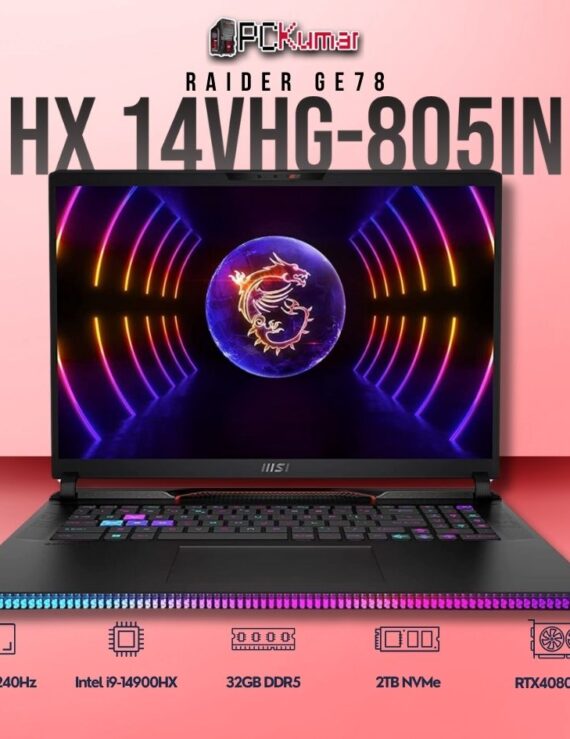 MSI Raider GE78 HX 14VHG-805IN laptop featuring i9-14900HX, RTX 4080, 32GB RAM, 2TB storage, and a 17-inch QHD+ 240Hz display.