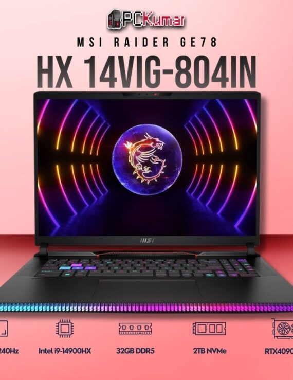 MSI Raider GE78 HX 14VIG-804IN laptop with i9-14900HX, RTX 4090, 32GB RAM, 2TB storage, and a 17-inch QHD+ 240Hz display.