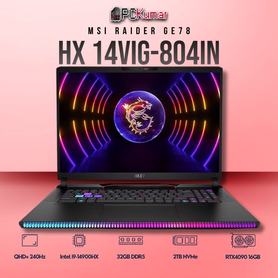 MSI Raider GE78 HX 14VIG-804IN laptop with i9-14900HX, RTX 4090, 32GB RAM, 2TB storage, and a 17-inch QHD+ 240Hz display.