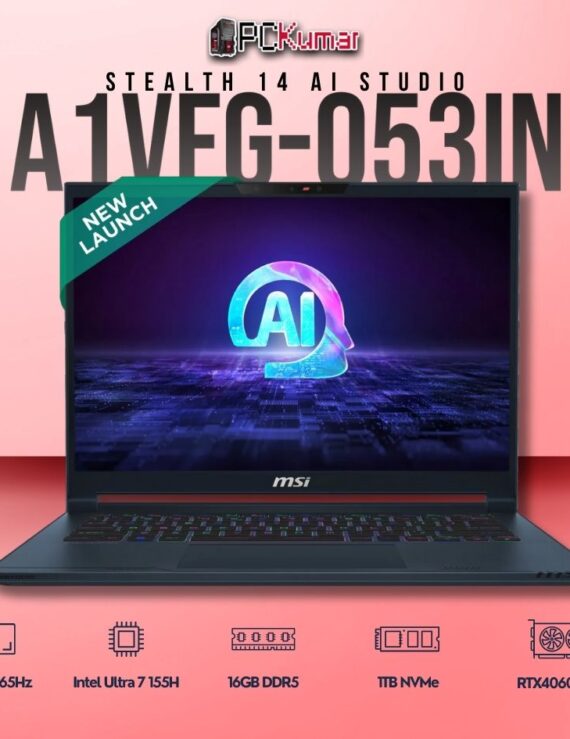 MSI Stealth 14 A1VFG-053IN laptop featuring Core 7 155H, RTX 4060, 16GB RAM, 1TB storage, and a 14-inch FHD+ 165Hz display.