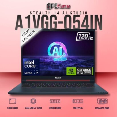 MSI Stealth 14 A1VGG-054IN laptop with Core 7 155H, RTX 4070, 16GB RAM, 1TB storage, and a 14-inch 2.8K OLED display.