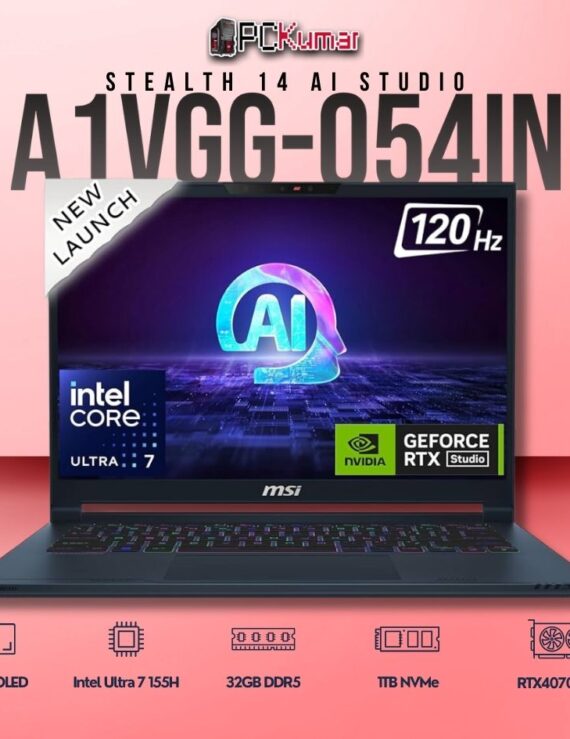 MSI Stealth 14 A1VGG-054IN laptop with Core 7 155H, RTX 4070, 16GB RAM, 1TB storage, and a 14-inch 2.8K OLED display.