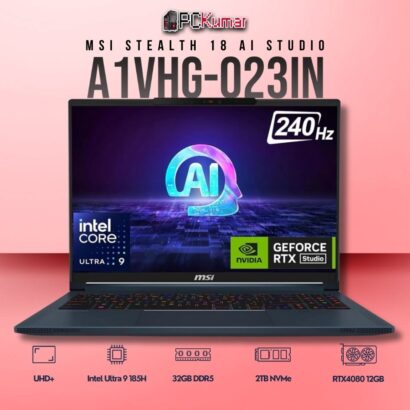 MSI Stealth 18 A1VHG-023IN laptop with Core 9 185H, RTX 4080, 32GB RAM, 2TB storage, and 18-inch UHD+ mini LED display.