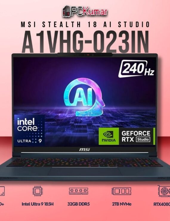 MSI Stealth 18 A1VHG-023IN laptop with Core 9 185H, RTX 4080, 32GB RAM, 2TB storage, and 18-inch UHD+ mini LED display.