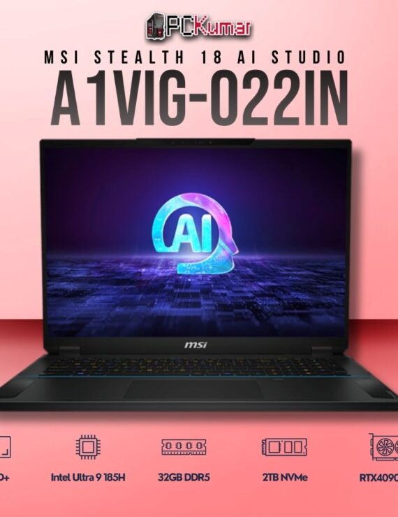 MSI Stealth 18 A1VIG-022IN laptop with Core 9 185H, RTX 4090, 32GB RAM, 2TB storage, and 18-inch UHD+ mini LED display.