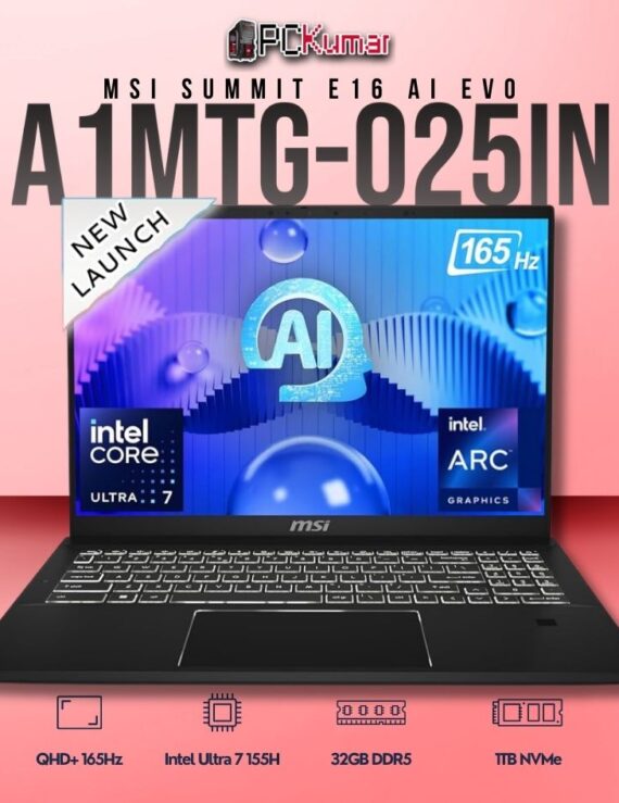 MSI Summit E16 A1MTG-025IN laptop with Core 7 155H, 32GB RAM, 1TB storage, and a 16-inch QHD+ 165Hz display.
