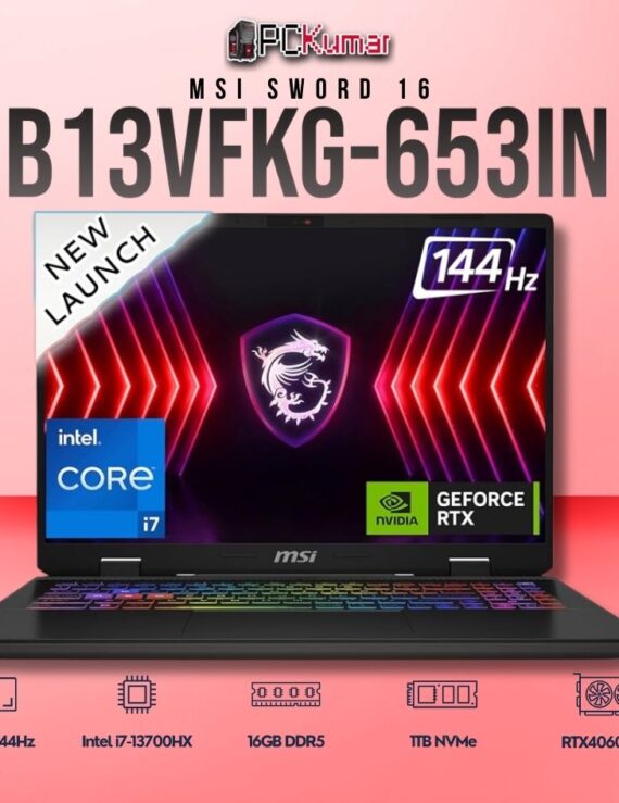 MSI Sword 16 B13VFKG-653IN laptop featuring i7-13700HX, RTX 4060, 16GB RAM, 1TB storage, and a 16-inch FHD+ 144Hz display.