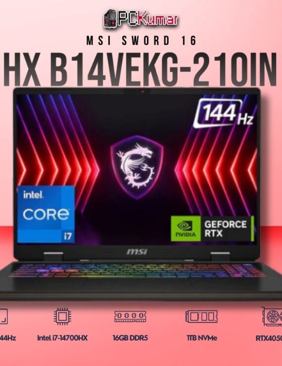 MSI Sword 16 B14VEKG-210IN laptop with i7-14700HX, RTX 4050, 16GB RAM, 1TB storage, and a 16-inch FHD+ 144Hz display.