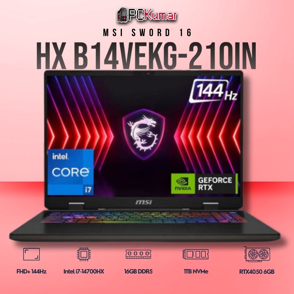 MSI Sword 16 B14VEKG-210IN laptop with i7-14700HX, RTX 4050, 16GB RAM, 1TB storage, and a 16-inch FHD+ 144Hz display.