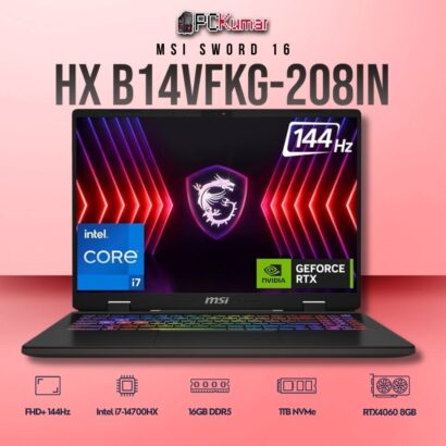 MSI Sword 16 B14VFKG-208IN laptop featuring i7-14700HX, RTX 4060, 16GB RAM, 1TB storage, and a 16-inch FHD+ 144Hz display.
