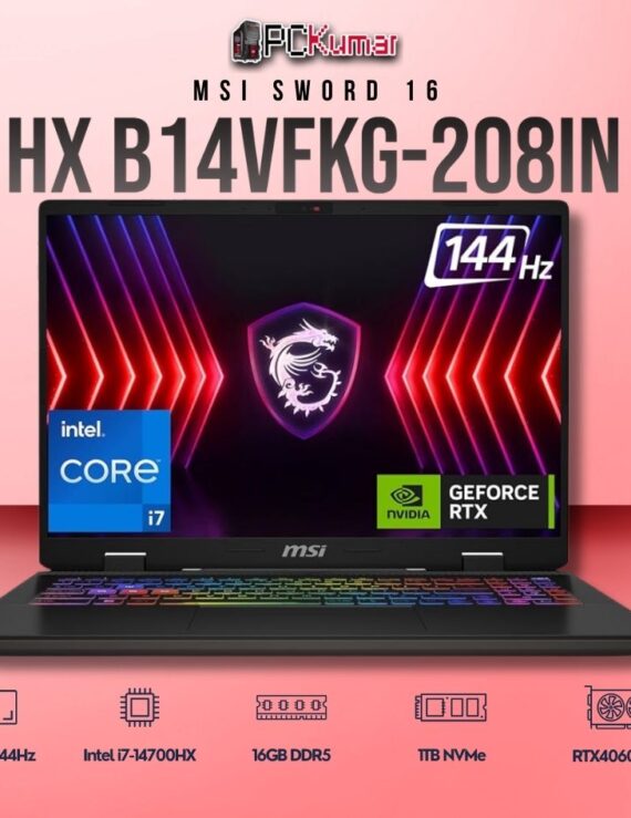 MSI Sword 16 B14VFKG-208IN laptop featuring i7-14700HX, RTX 4060, 16GB RAM, 1TB storage, and a 16-inch FHD+ 144Hz display.