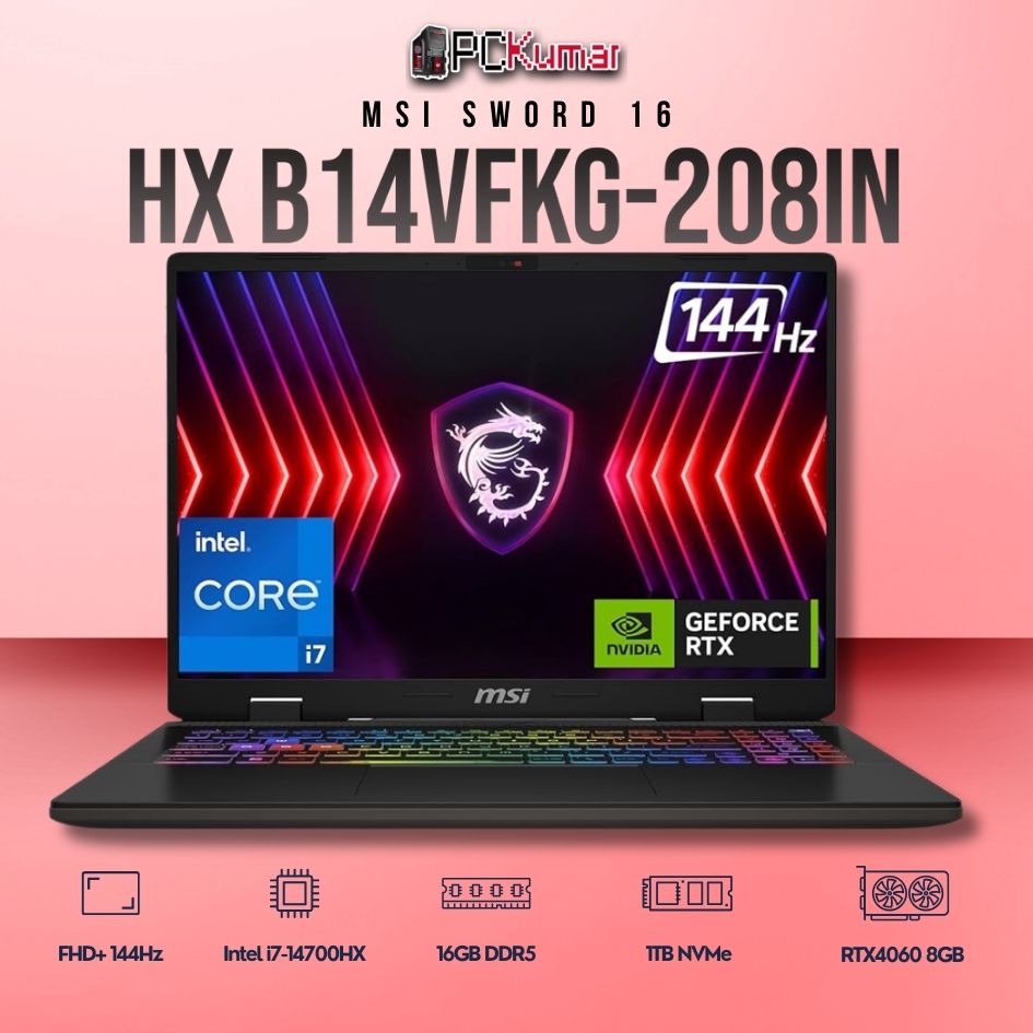 MSI Sword 16 B14VFKG-208IN laptop featuring i7-14700HX, RTX 4060, 16GB RAM, 1TB storage, and a 16-inch FHD+ 144Hz display.