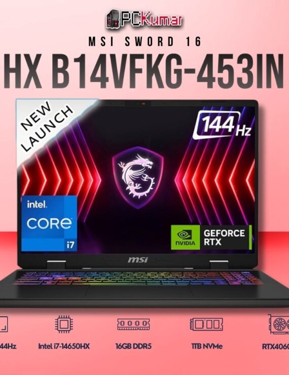 MSI Sword 16 B14VFKG-453IN laptop with i7-14650HX, RTX 4060, 16GB RAM, 1TB storage, and a 16-inch FHD+ 144Hz display.