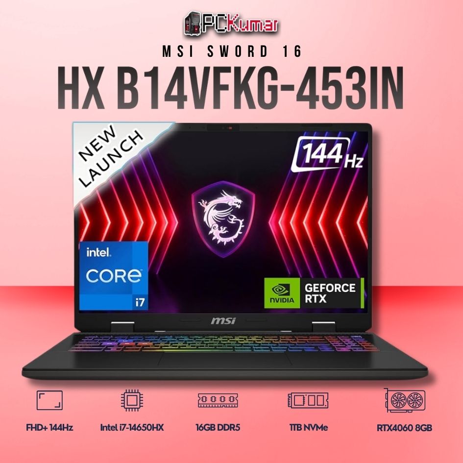 MSI Sword 16 B14VFKG-453IN laptop with i7-14650HX, RTX 4060, 16GB RAM, 1TB storage, and a 16-inch FHD+ 144Hz display.