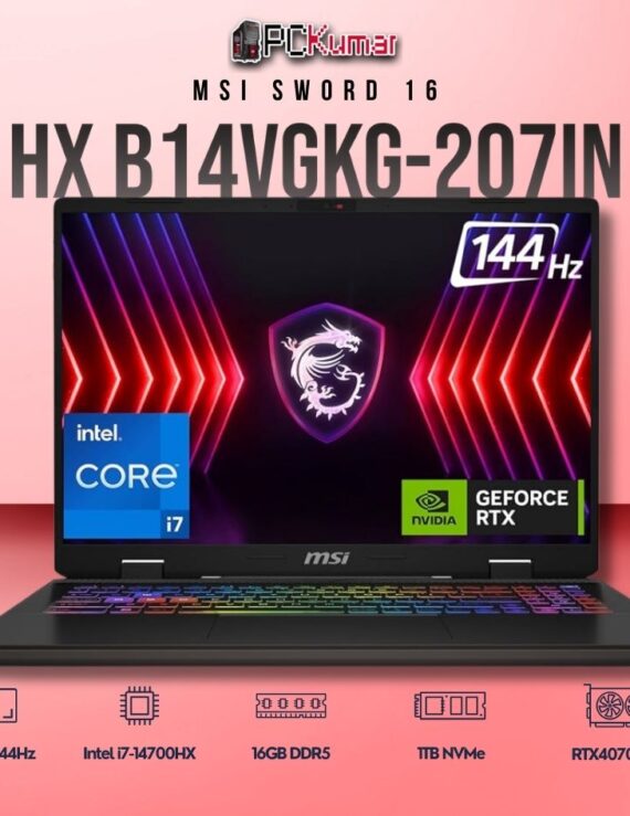 MSI Sword 16 B14VGKG-207IN laptop with i7-14700HX, RTX 4070, 16GB RAM, 1TB storage, and a 16-inch FHD+ 144Hz display.