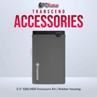 Transcend 2.5" SSD/HDD enclosure kit with rubber housing for secure storage.