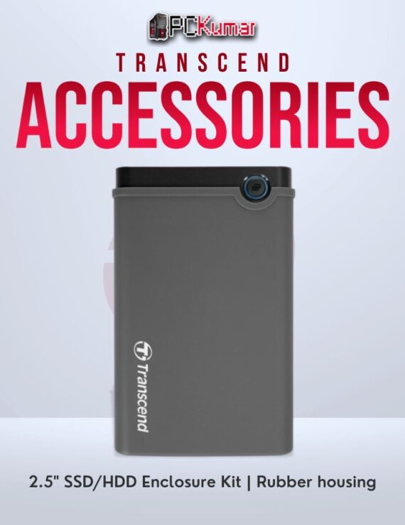 Transcend 2.5" SSD/HDD enclosure kit with rubber housing for secure storage.