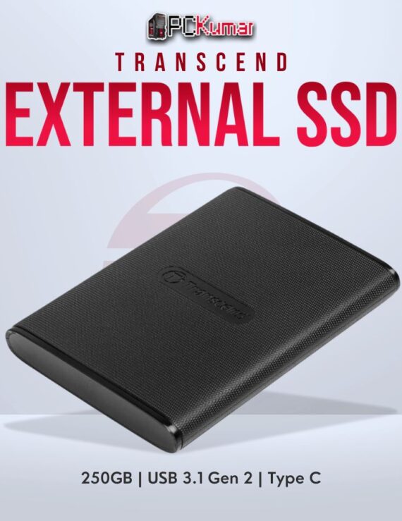 Transcend 250GB USB External SSD with Type-C USB 3.1 Gen 2 for fast storage.