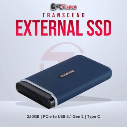 Transcend 250GB USB External SSD with PCIe to USB 3.1 Gen 2 for fast data access.