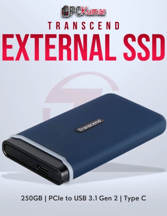 Transcend 250GB USB External SSD with PCIe to USB 3.1 Gen 2 for fast data access.