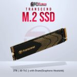 Transcend 2TB M.2 PCIe Gen4x4 NVMe SSD with graphene heatsink for efficient cooling.
