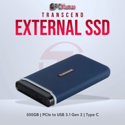 Transcend 500GB USB External SSD with PCIe to USB 3.1 Gen 2 for faster transfers.