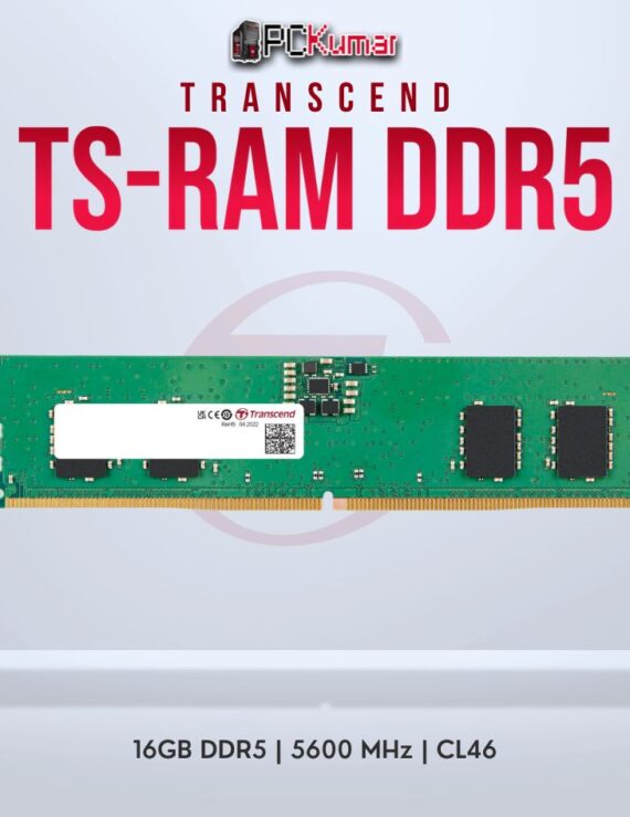 Transcend 16GB DDR5 5600 U-DIMM 1Rx8 2Gx8 CL46 1.1V for modern desktops.