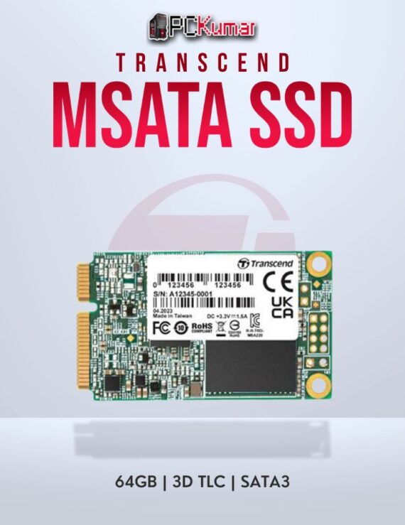 Transcend 64GB mSATA SSD with 3D TLC for fast data transfers.