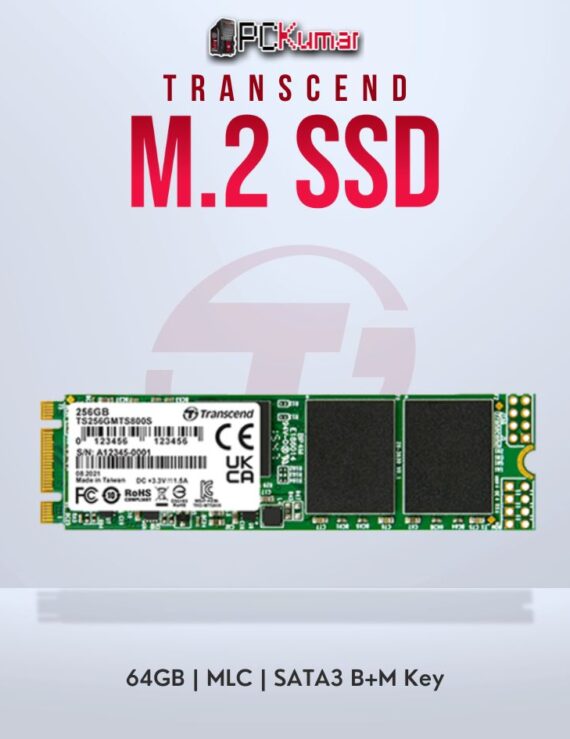 Transcend 64GB M.2 2280 SATA3 SSD with MLC for reliable storage.