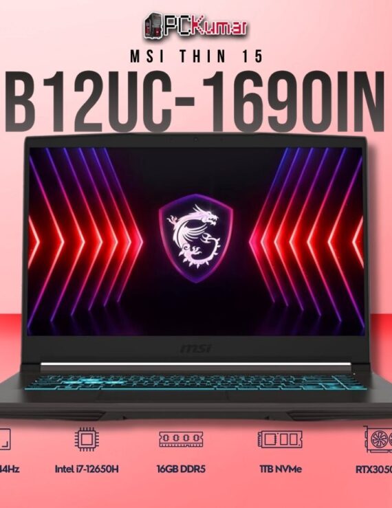 MSI Thin 15 B12UC-1690IN laptop with i7-12650H, RTX 3050, 16GB RAM, 1TB storage, and a 15.6-inch FHD 144Hz display.