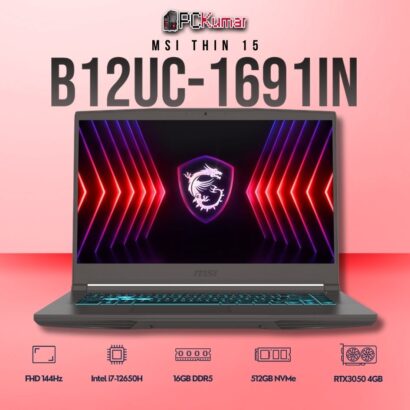 MSI Thin 15 B12UC-1691IN laptop with i7-12650H, RTX 3050, 16GB RAM, 512GB storage, and a 15.6-inch FHD 144Hz display.