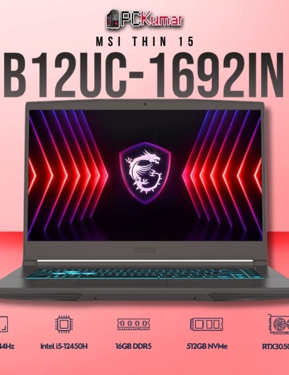 MSI Thin 15 B12UC-1692IN laptop featuring i5-12450H, RTX 3050, 16GB RAM, 512GB storage, and a 15.6-inch FHD 144Hz display