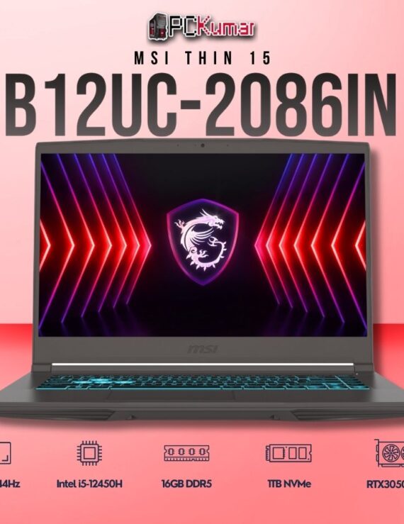 MSI Thin 15 B12UC-2086IN laptop featuring i5-12450H, RTX 3050, 16GB RAM, 1TB storage, and a 15.6-inch FHD 144Hz display.