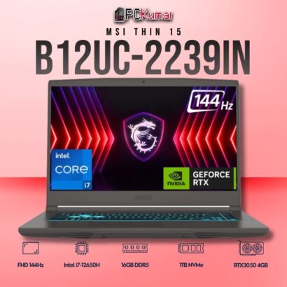 MSI Thin 15 B12UC-2239IN laptop featuring i7-12650H, RTX 3050, 16GB RAM, 1TB storage, and a 15.6-inch FHD 144Hz display.