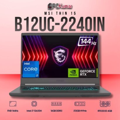 MSI Thin 15 B12UC-2240IN laptop with i7-12650H, RTX 3050, 16GB RAM, 512GB storage, and a 15.6-inch FHD 144Hz display.