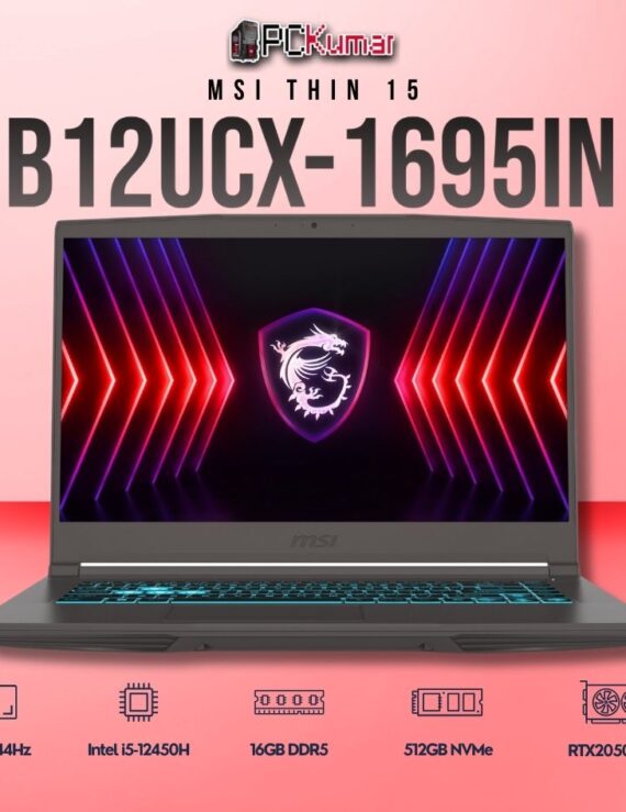 MSI Thin 15 B12UCX-1695IN laptop featuring i5-12450H, RTX 2050, 16GB RAM, 512GB storage, and a 15.6-inch FHD 144Hz display.