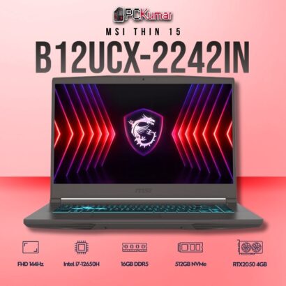 MSI Thin 15 B12UCX-2242IN laptop with i7-12650H, RTX 2050, 16GB RAM, 512GB storage, and a 15.6-inch FHD 144Hz display.
