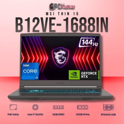 MSI Thin 15 B12VE-1688IN laptop featuring i7-12650H, RTX 4050, 16GB RAM, 512GB storage, and a 15.6-inch FHD 144Hz display.