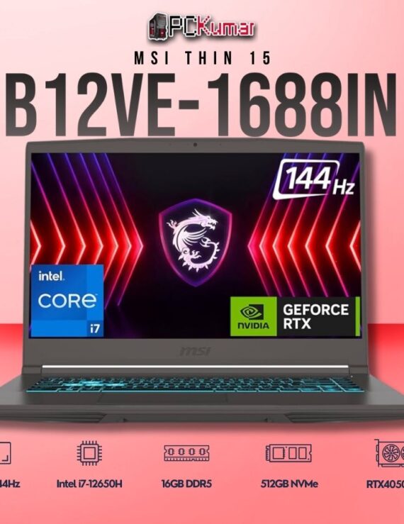 MSI Thin 15 B12VE-1688IN laptop featuring i7-12650H, RTX 4050, 16GB RAM, 512GB storage, and a 15.6-inch FHD 144Hz display.