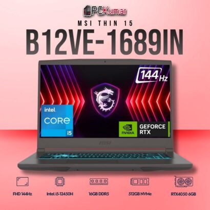MSI Thin 15 B12VE-1689IN laptop featuring i5-12450H, RTX 4050, 16GB RAM, 512GB storage, and a 15.6-inch FHD 144Hz display.