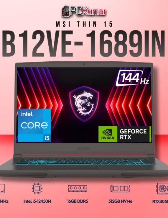 MSI Thin 15 B12VE-1689IN laptop featuring i5-12450H, RTX 4050, 16GB RAM, 512GB storage, and a 15.6-inch FHD 144Hz display.