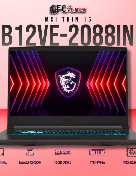 MSI Thin 15 B12VE-2088IN laptop with i5-12450H, RTX 4050, 16GB RAM, 1TB storage, and a 15.6-inch FHD 144Hz display.