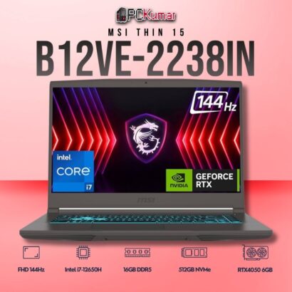 MSI Thin 15 B12VE-2238IN laptop featuring i7-12650H, RTX 4050, 16GB RAM, 512GB storage, and a 15.6-inch FHD 144Hz display.
