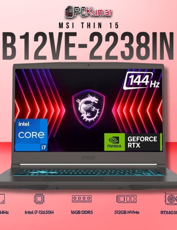 MSI Thin 15 B12VE-2238IN laptop featuring i7-12650H, RTX 4050, 16GB RAM, 512GB storage, and a 15.6-inch FHD 144Hz display.