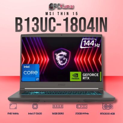MSI Thin 15 B13UC-1804IN laptop featuring i7-13620H, RTX 3050, 16GB RAM, 512GB storage, and a 15.6-inch FHD 144Hz display.