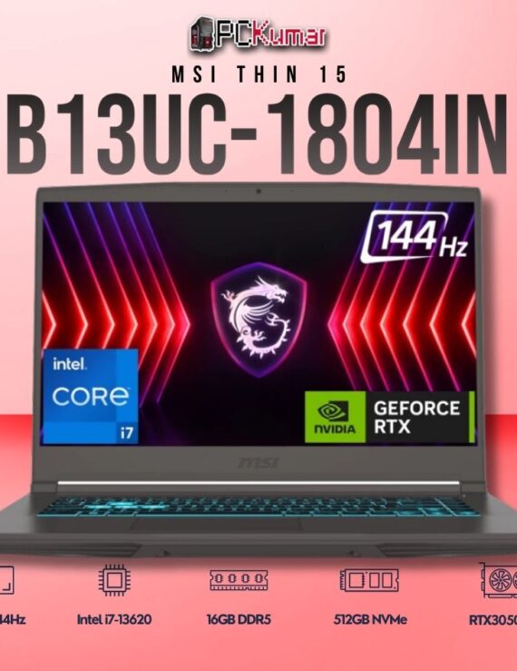 MSI Thin 15 B13UC-1804IN laptop featuring i7-13620H, RTX 3050, 16GB RAM, 512GB storage, and a 15.6-inch FHD 144Hz display.