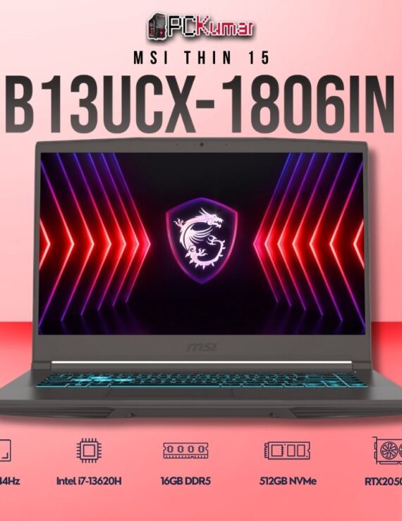 MSI Thin 15 B13UCX-1806IN laptop featuring i7-13620H, RTX 2050, 16GB RAM, 512GB storage, and a 15.6-inch FHD 144Hz display.
